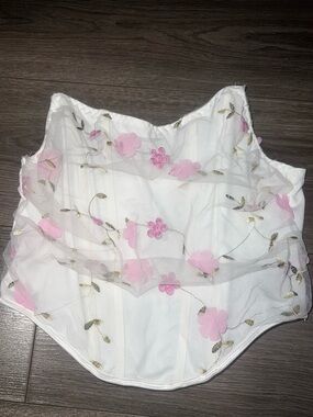 White Strapless Floral Mesh Corset Crop Top with Pink Appliqué